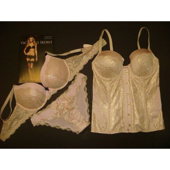 Victoria's Secret 34C BRA SET+34C CORSET bustier+L panty PINK Gold foil lace